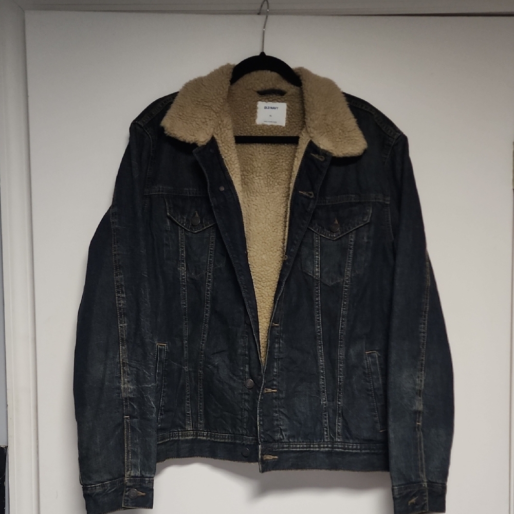 Old Navy Vintage Dark Denim Jacket with Tan Sherpa Inside Size XL